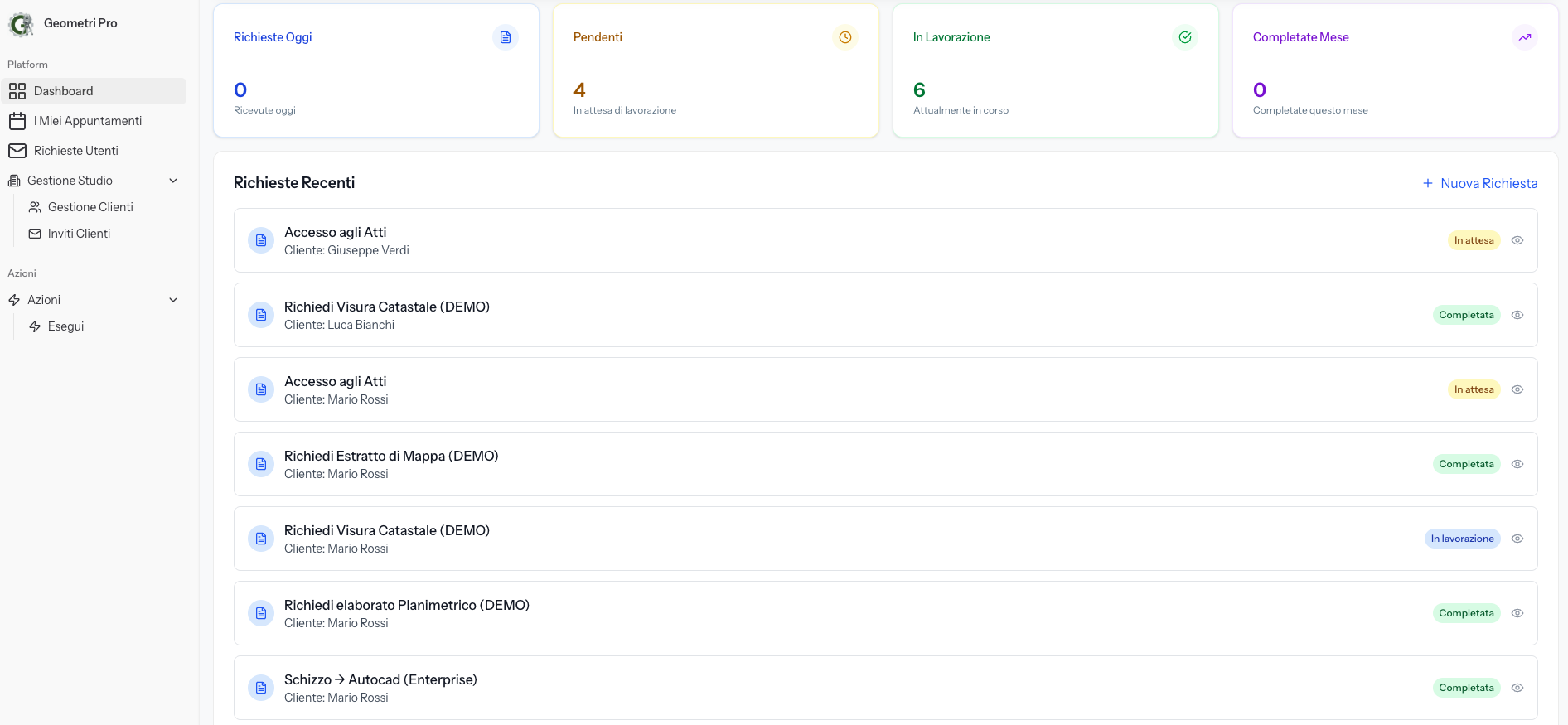 Dashboard reale Geometri Pro con riepilogo richieste e lista richieste recenti